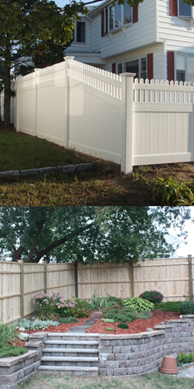 Side-by-side comparison of white vinyl privacy fence and natural wood privacy fence in residential backyards